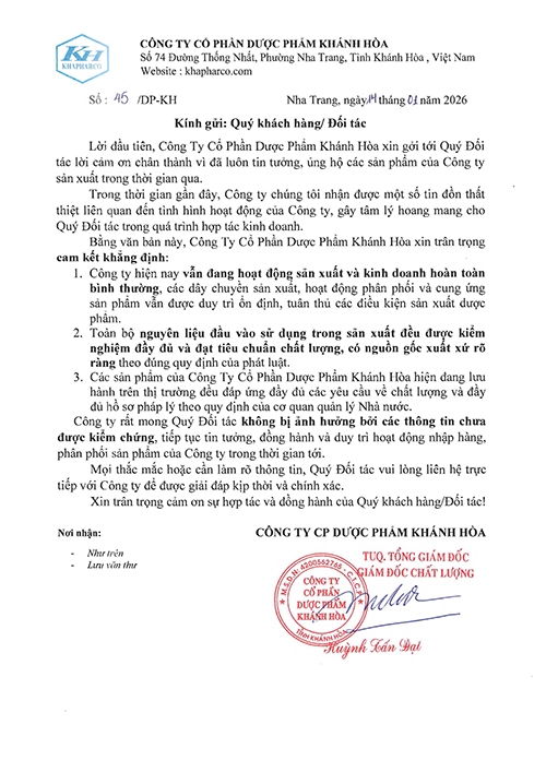 Thông báo của Công ty CPDP Khánh Hòa gửi đến Quý khách hàng